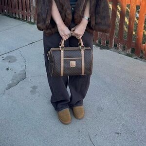 Authentic CELINE Logo Macadam Pattern Boston Bag PVC Leather Brown